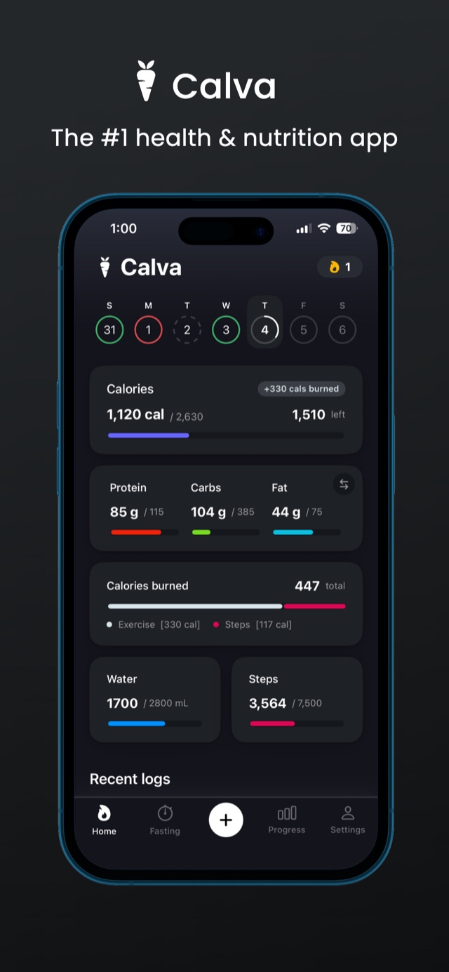 Calva home screen showing daily calories, macros, and activity