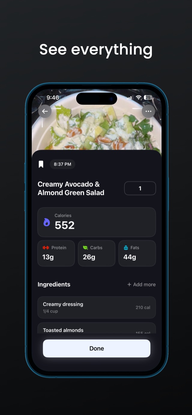 Calva logged meal detail with calories and macro breakdown