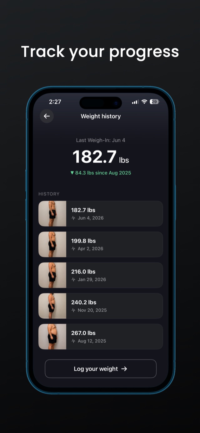 Calva weight history screen with progress photos