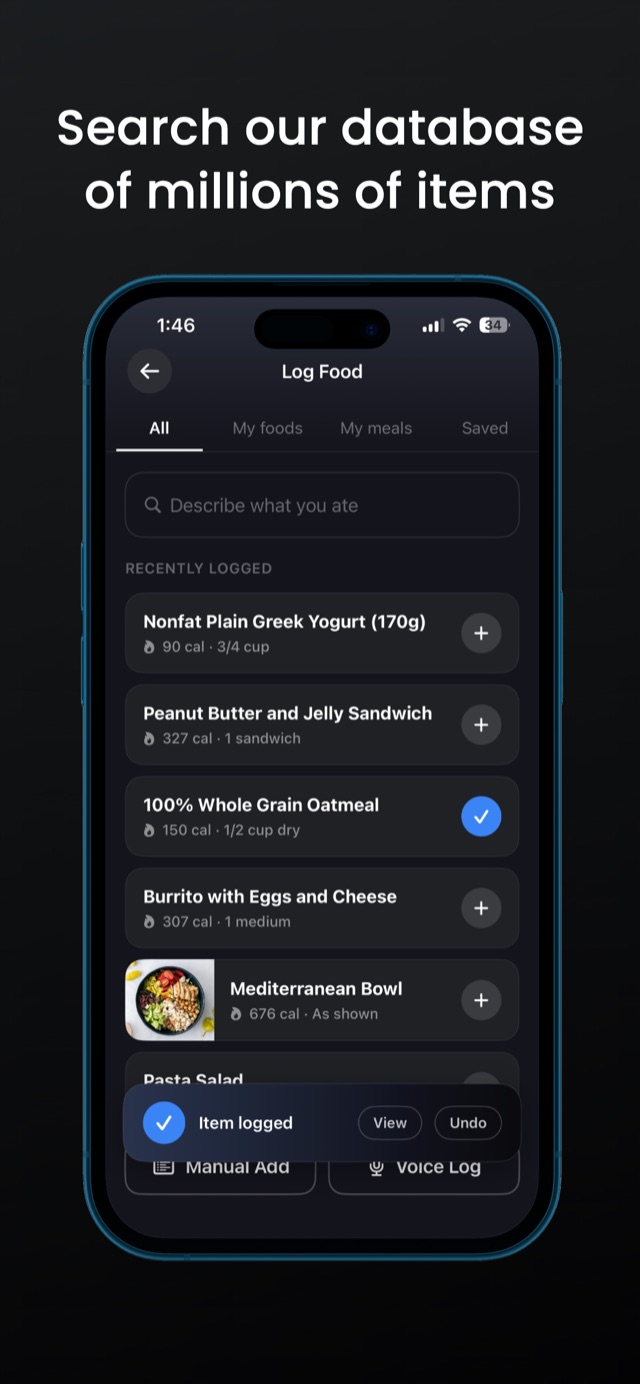 Calva food search with a database of logged items