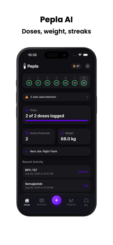 Pepla home screen showing dose streaks, weight, and today's progress