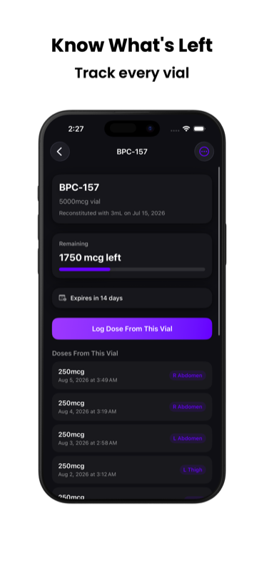 Pepla vial tracking screen showing remaining dose