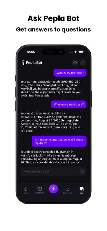 Pepla AI bot answering a question about an upcoming dose