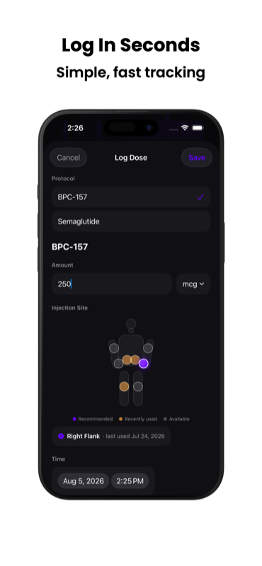 Pepla log dose screen with injection site picker