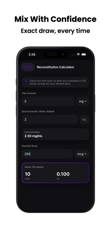Pepla reconstitution calculator for peptide vials
